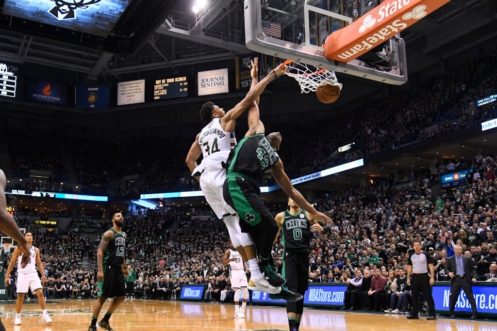 This dunk on Al Horford apparently wasn’t enough to earn Giannis Antetokounmpo a free taco. (Getty Images)