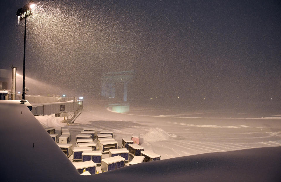 Airline baggage carts sit on the tarmac as crews prepare to remove snow at the Albany International Airport in Colonie, N.Y., Sunday, Jan. 20, 2019. (AP Photo/Hans Pennink)