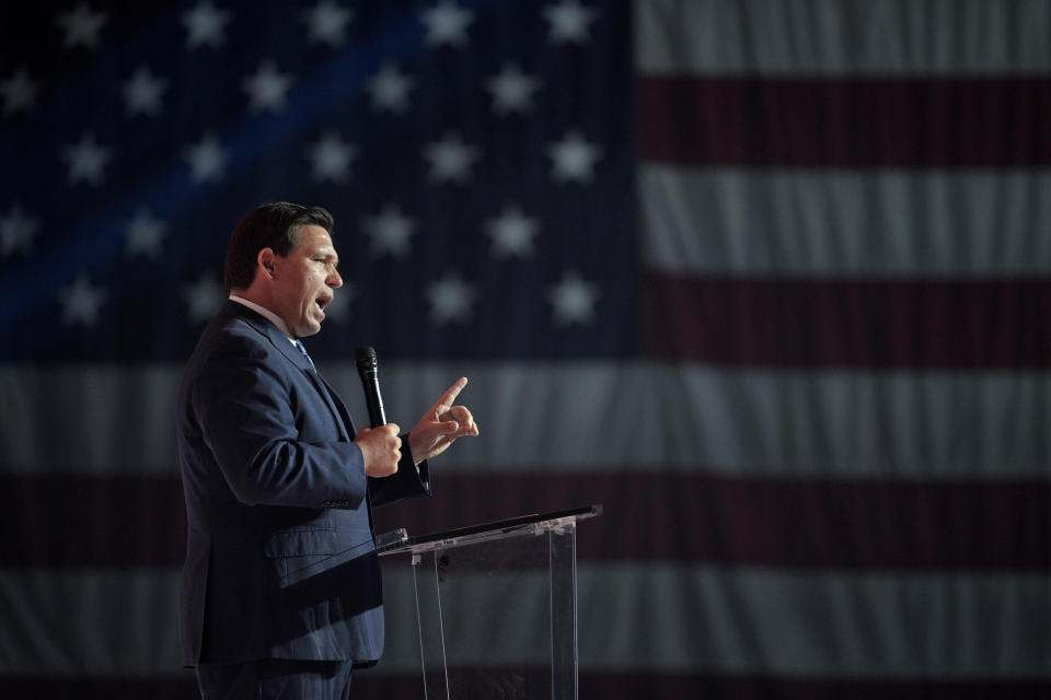 FILE - Florida Gov. Ron DeSantis addresses attendees during the Turning Point USA Student Action Summit, July 22, 2022, in Tampa, Fla. (AP Photo/Phelan M. Ebenhack, File)