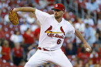 St. Louis Cardinals starting pitcher Austin Gomber throws during the first inning of a baseball game against the Los Angeles Dodgers, Thursday, Sept. 13, 2018, in St. Louis. (AP Photo/Billy Hurst)