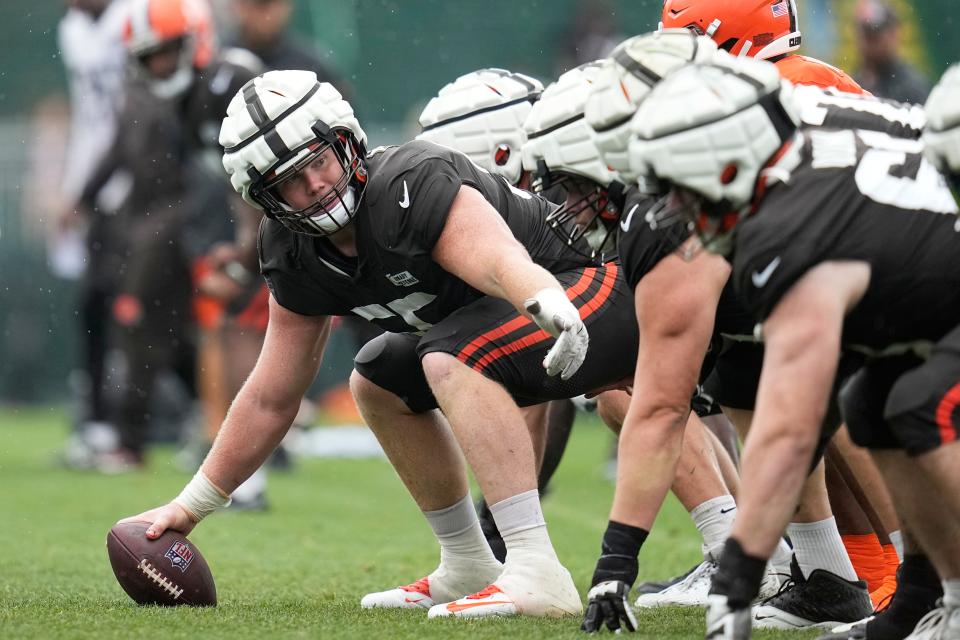 Cleveland Browns center Ethan Pocic gestures during training camp Aug. 7 in Berea.