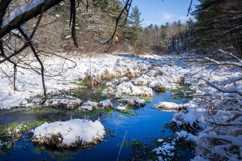 An unnamed tributary that runs through Menomin Park and adjacent to 3M’s plant is shown Friday, February 16, 2024, in Menomonie, Wisconsin. Groundwater near the 3M plant on the edge of the Dunn County city has tested positive for PFAS, although none has been found in municipal wells. PFAS chemicals, a group of more than 10,000 compounds, are widely used in consumer products, including rain jackets, nonstick pots and pans, and waterproof mascara. They get into the environment through manufacturing, industrial waste, landfills and the use of firefighting foam.