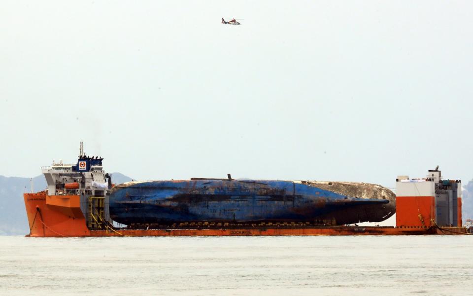 The ferry on its side