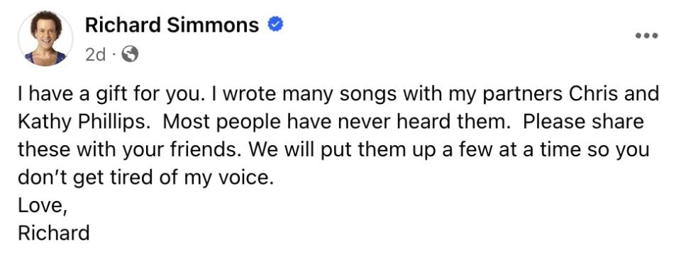 Simmons dropped the lost track via a short Facebook post earlier this week. Facebook/Richard Simmons