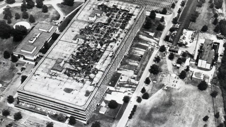 This photo provided by the National Archives and Records Administration shows the damaged sixth floor and roof of the Military Personnel Records Center in Overland, Mo., near St. Louis, after a massive fire that started on July 12, 1973. (National Archives via AP)