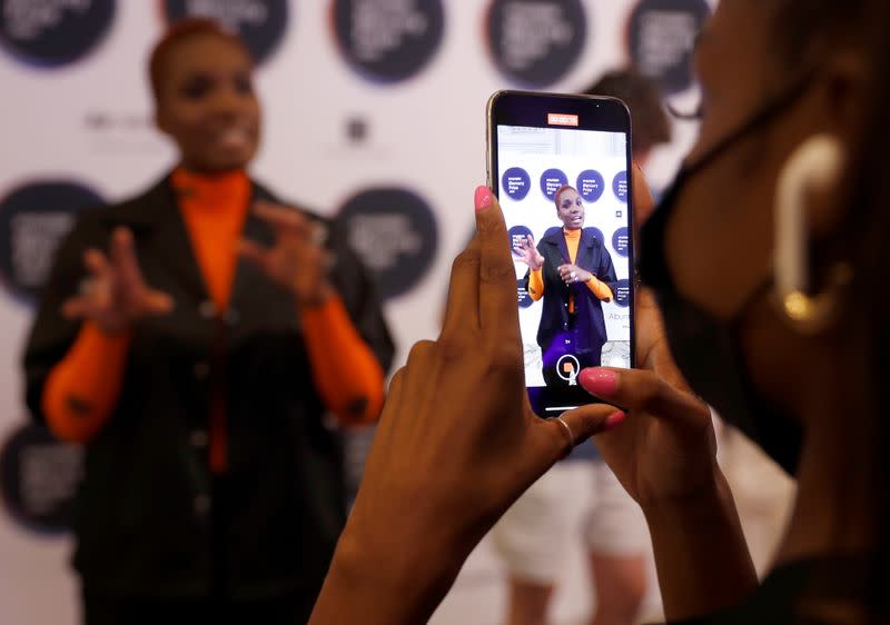 Singer-songwriter Arlo Parks is seen on a smartphone during an interview following her nomination in the Hyundai Mercury Prize "Albums of the Year" ceremony in London