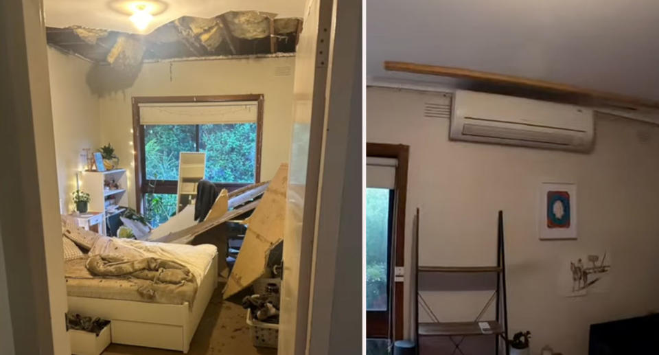 Left: The ceiling in bedroom of Melbourne rental collapsed Right: Living room ceiling held up by timber plank above air con unit