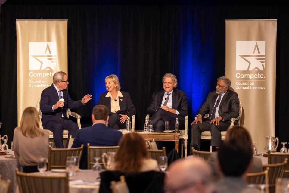 UT Knoxville Chancellor Donde Plowman (center left) speaks on a panel at the National Competitiveness Forum in Washington, D.C., on Dec. 9, 2022. She was joined by moderator Chad Holliday (left), Vanderbilt University Chancellor Daniel Diermeier (center right), and outgoing Oak Ridge National Laboratory Director Thomas Zacharia (far right).