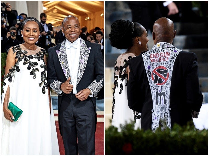 Eric Adams at the Met Gala wearing a jacket that says "End Gun Violence"