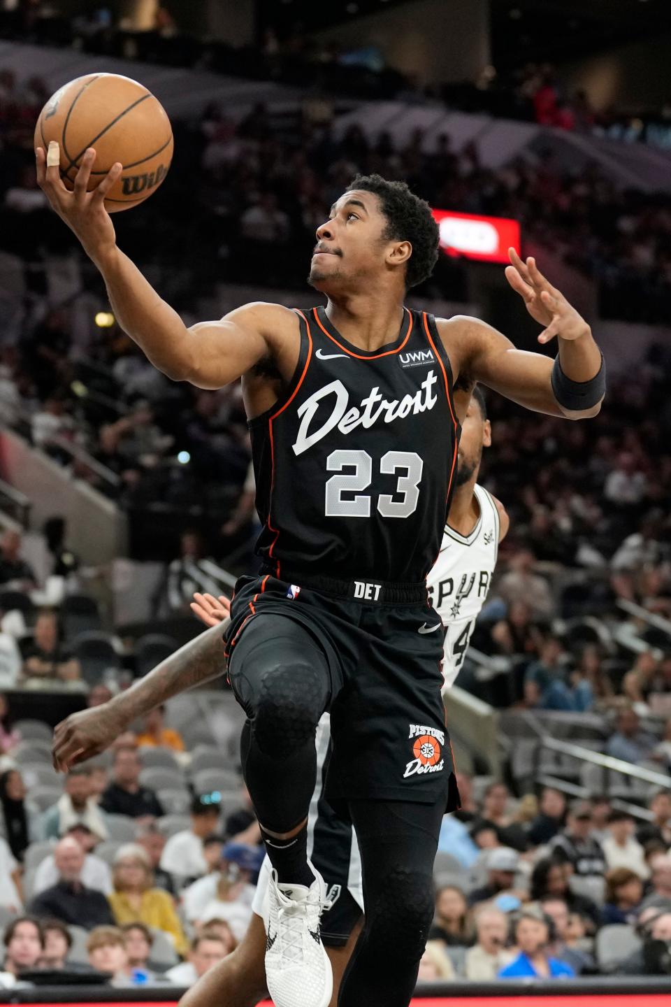 Detroit Pistons guard Jaden Ivey shoots during the first half against the San Antonio Spurs at Frost Bank Center, Sunday, April 14, 2024.