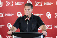 Oklahoma head coach Brent Venables answers a question during an NCAA college football new conference, Tuesday, Aug. 1, 2023, in Norman, Okla. (AP Photo/Alonzo Adams)