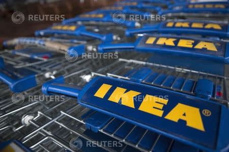 Trollies are seen outside an IKEA store in Wembley, north London January 28, 2015. REUTERS/Neil Hall