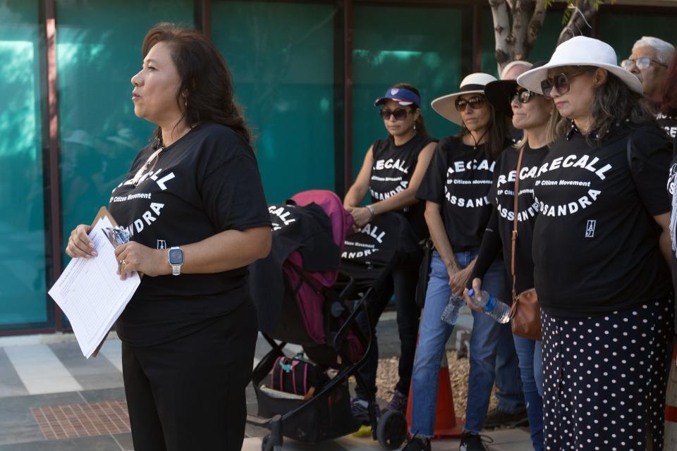 Irene Armendariz-Jackson and a group she leads held a press conference outside the El Paso City Hall to file their notice of intent to recall Rep. Cassandra Hernandez on Friday, Sept. 8, 2023.