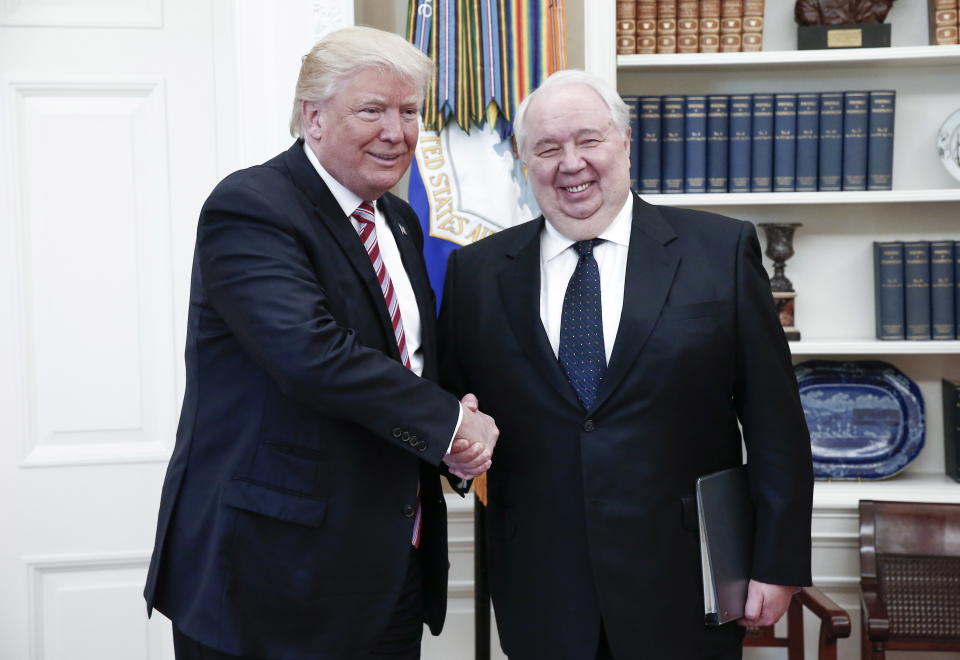 President Donald Trump shakes hands with Russian Ambassador to the United States Sergei Kislyak during talks with Russia's Foreign Minister Sergei Lavrov (not in picture) in the Oval Office at the White House.&nbsp;