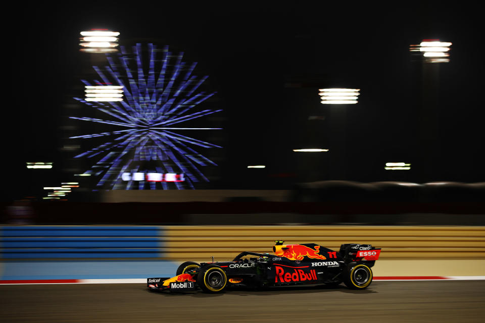 BAHRAIN, BAHRAIN - MARCH 26: Sergio Perez of Mexico driving the (11) Red Bull Racing RB16B Honda on track during practice ahead of the F1 Grand Prix of Bahrain at Bahrain International Circuit on March 26, 2021 in Bahrain, Bahrain. (Photo by Bryn Lennon/Getty Images)