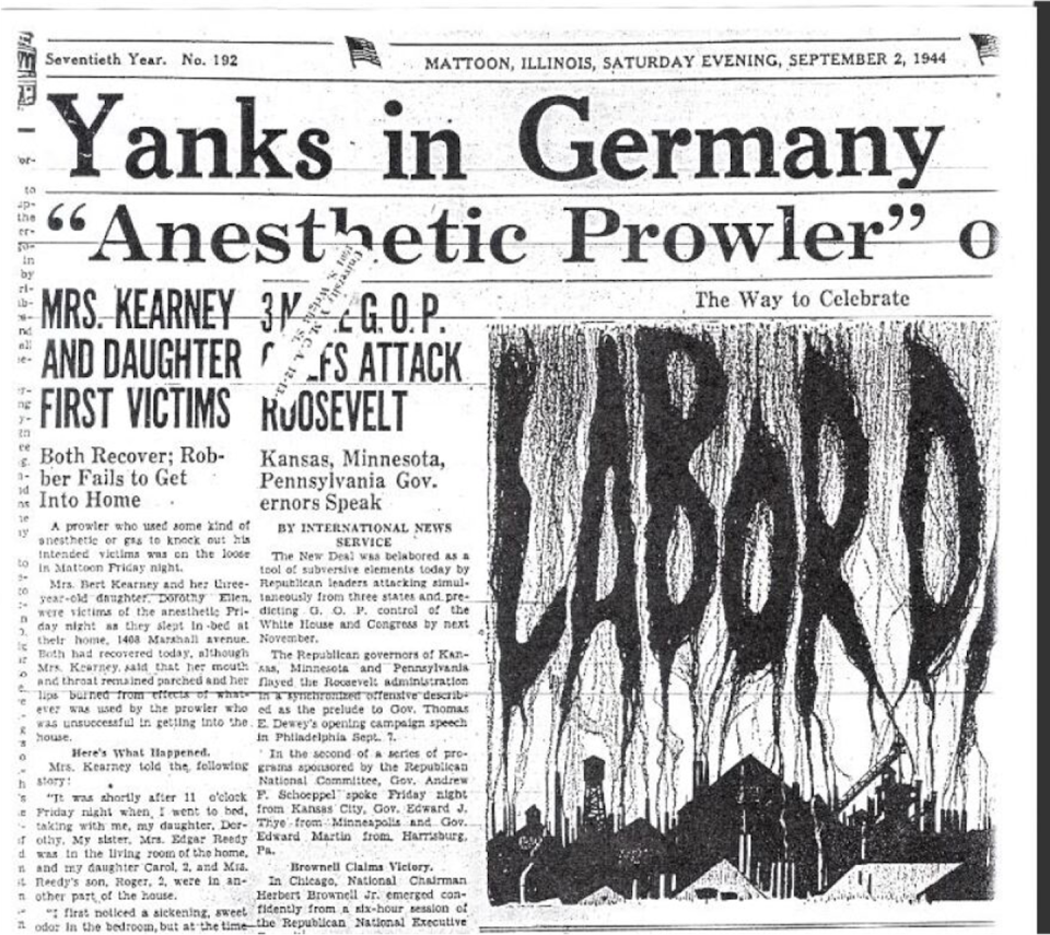 Primera plana del Daily Journal Gazzette de Mattoon (Illinois), en el que se registra el caso del pretendido gaseamiento de Mrs. Kearney y su hija. Author provided