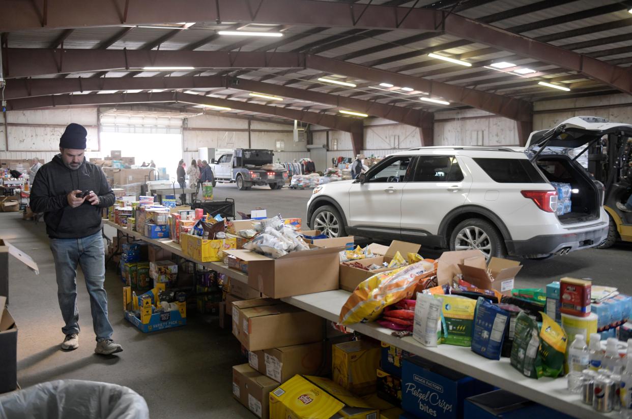 Texas A&M AgriLife Extension establishes an aid and feed station in the Hemphill County Extension Center for those affected by the Smokehouse Creek Fire, Monday, March 4, 2024, in Canadian, Texas.