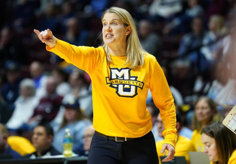 Marquette head coach Megan Duffy is a former WNBA player from Notre Dame who has more than 100 wins in five seasons with the Golden Eagles.