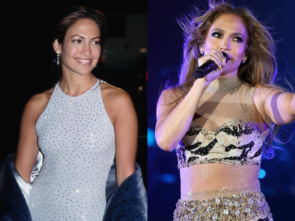 On the right, Jennifer Lopez at the 1997 movie premiere for "Selena." On the left, Lopez performing in 2022.