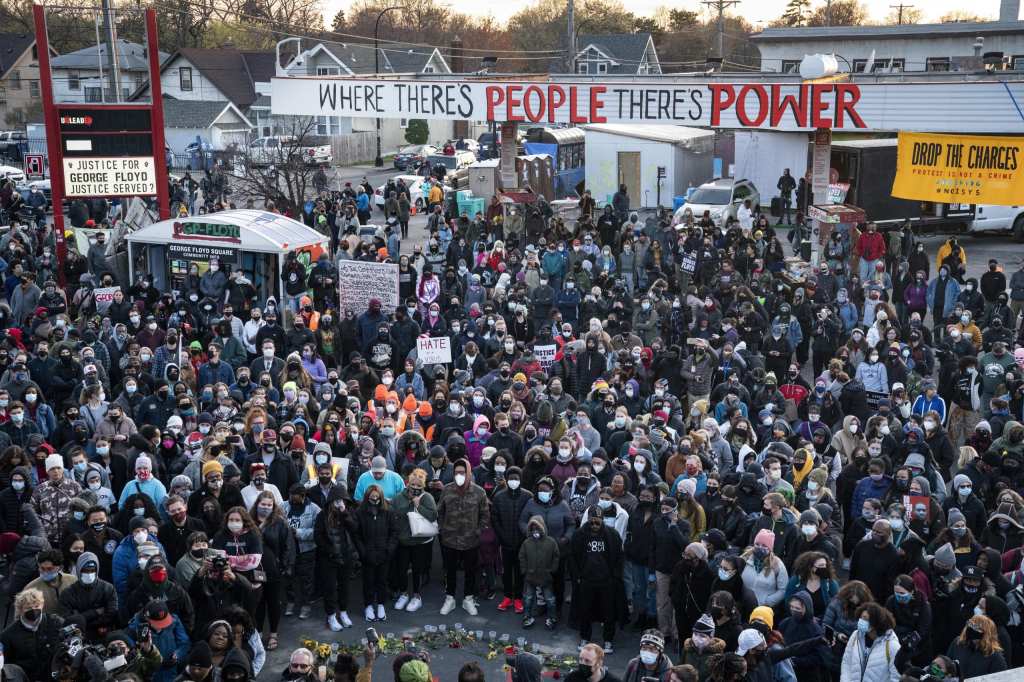 Demonstrators gather outside Cup Foods to celebrate the murder conviction of former Minneapolis police officer Derek Chauvin in the killing of George Floyd, April 20, 2021, in Minneapolis. The third anniversary of Floyd’s murder is Thursday, May 25, 2023. (AP Photo/John Minchillo, File)