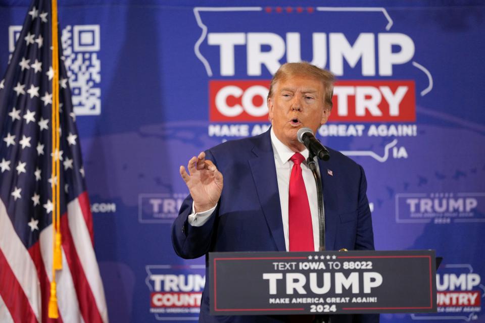 Former President Donald Trump speaks during a Commit to Caucus rally, Saturday, Dec. 2, 2023, in Ankeny, Iowa.