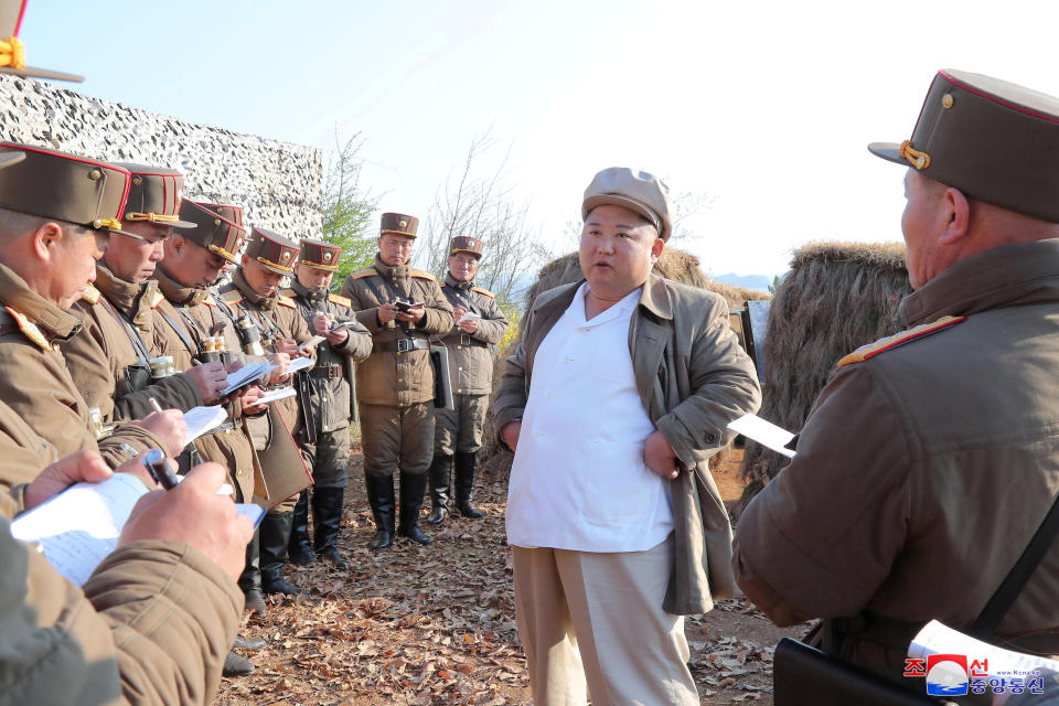 North Korean leader Kim Jong Un guides a drill of mortar sub-units of North Korean Army in this image released by North Korea's Korean Central News Agency (KCNA) on April 10, 2020. KCNA/via REUTERS ATTENTION EDITORS - THIS IMAGE WAS PROVIDED BY A THIRD PARTY. REUTERS IS UNABLE TO INDEPENDENTLY VERIFY THIS IMAGE. NO THIRD PARTY SALES. SOUTH KOREA OUT.     TPX IMAGES OF THE DAY