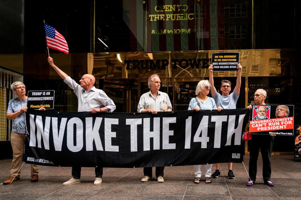 PHOTO: In this July 10, 2023, file photo, local activist group Rise and Resist held a demonstration outside of Trump Tower in New York. (Steve Sanchez/Sipa USA via AP, FILE)