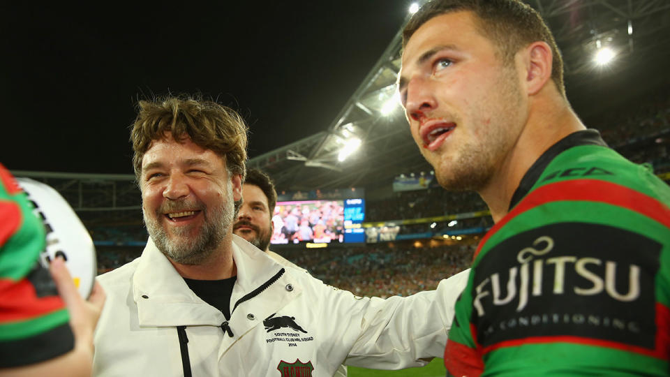 Russell Crowe and Sam Burgess, pictured here after the Rabbitohs won the 2014 NRL grand final.