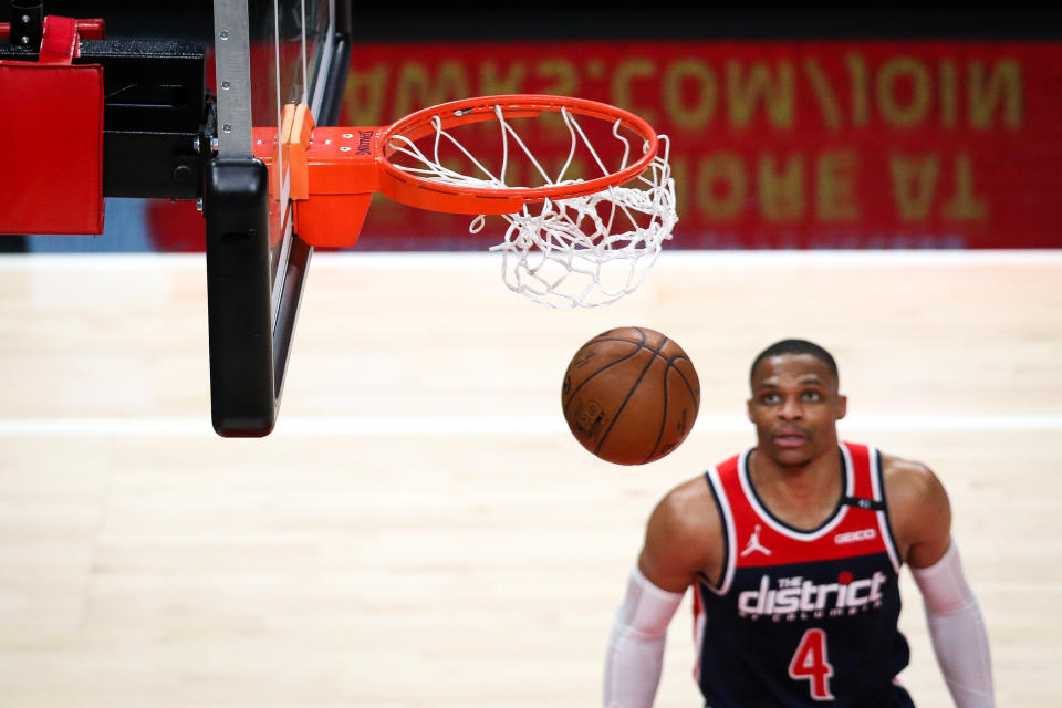 Russell Westbrook #4 of the Washington Wizards watches as an Atlanta Hawks shot goes through the hoop during a game between the Washington Wizards and the Atlanta Hawks at State Farm Arena on May 10, 2021 in Atlanta, Georgia. NOTE TO USER: User expressly acknowledges and agrees that, by downloading and or using this photograph, User is consenting to the terms and conditions of the Getty Images License Agreement. (Photo by Casey Sykes/Getty Images)