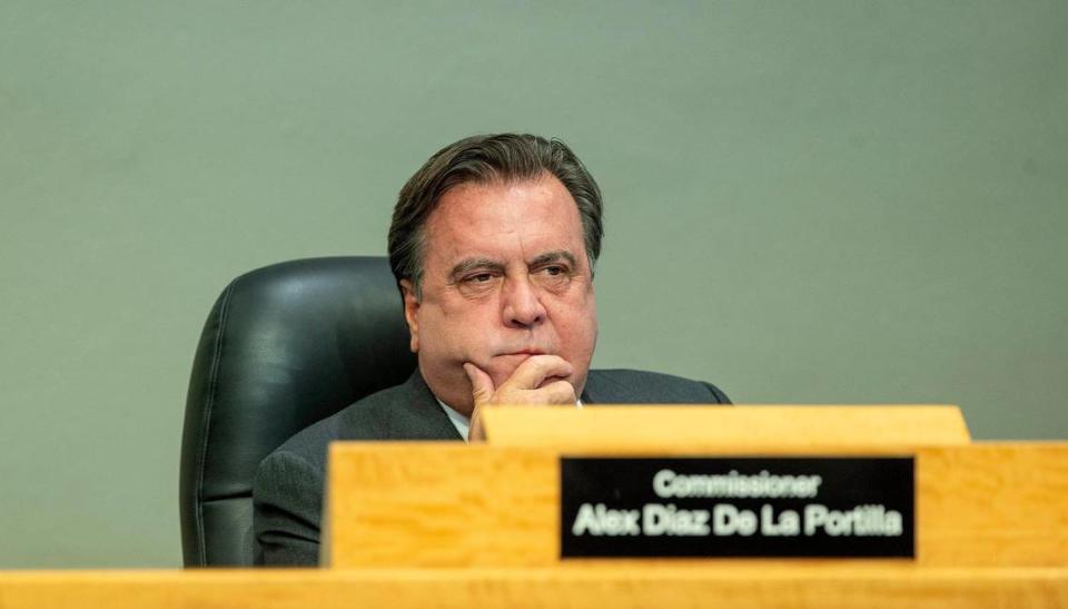 City of Miami Commissioner Alex Diaz De La Portilla, (who entered late to the chambers) reacts during the first City Commission budget hearing at city hall, on Saturday September 09, 2023.