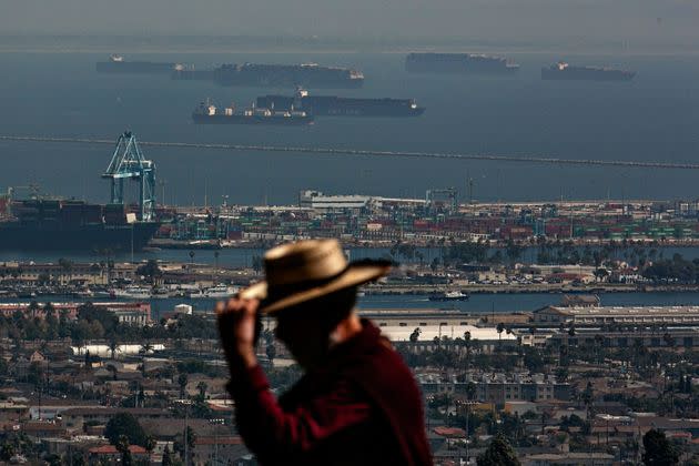 SAN PEDRO, CA - OCTOBER 13: The Port of Los Angeles is backed up with a growing number of incoming cargo ships waiting offshore as the port is set to begin operating around the clock on Wednesday, Oct. 13, 2021 in San Pedro, CA. (Jason Armond / Los Angeles Times via Getty Images) (Photo: Jason Armond via Los Angeles Times via Getty Imag)