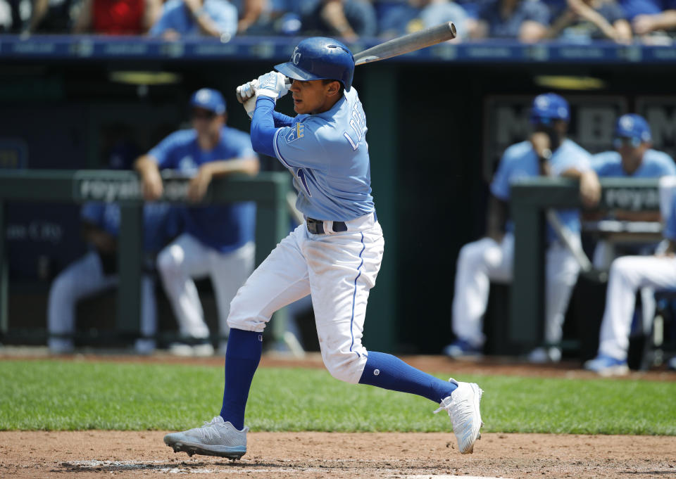 Kansas City Royals' Nicky Lopez hits a single to score two runs in the fifth inning of a baseball game against the Cleveland Indians at Kauffman Stadium in Kansas City, Mo., Sunday, July 28, 2019. (AP Photo/Colin E. Braley)