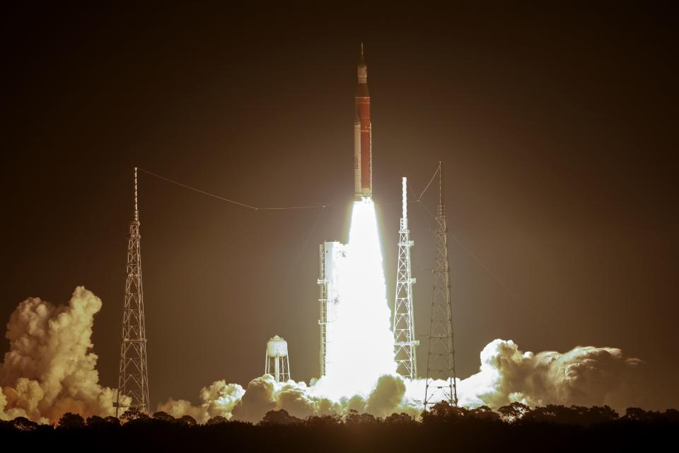 NASA's new moon rocket lifts off from Launch Pad 39B at the Kennedy Space Center in Cape Canaveral, Fla., Wednesday, Nov. 16, 2022. This launch is the first flight test of the Artemis program. (AP Photo/Terry Renna)