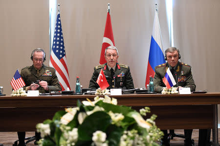 Turkey's Chief of Staff General Hulusi Akar meets with U.S. Chairman of the Joint Chiefs of Staff Joseph Dunford and Russian Armed Forces Chief of Staff Valery Gerasimov in Antalya, Turkey March 7, 2017. Turkish Military/Handout via REUTERS