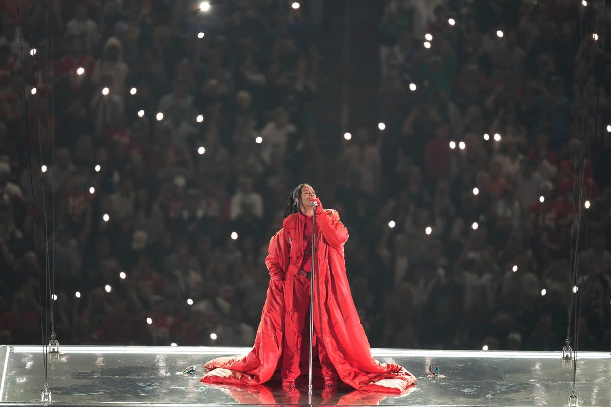Rihanna performing at the 2023 Super Bowl (Copyright 2023 The Associated Press. All rights reserved.)