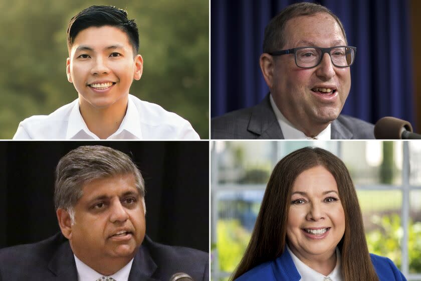 Top from left, L.A. City Controller candidates Kenneth Mejia and Paul Koretz and , bottom from left, Los Angeles City Attorney candidates Faisal Gill and Hydee Feldstein Soto.