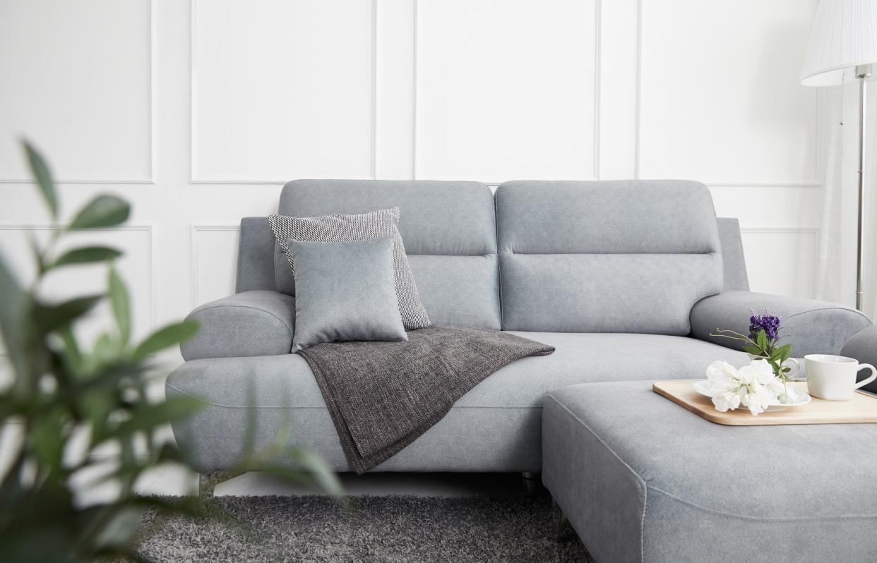 Scandinavian style livingroom with fabric sofa, sofa table. morning image with plant. sofa table on the lug.