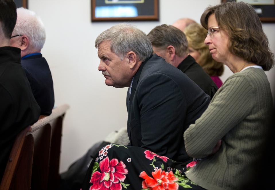 Bill and Karen Kunkel listen during the chicken pox hearing for their son, Jerome Kunkel, 18, in Boone County Circuit Court Monday, April 1, 2019. Jerome, a senior at Assumption Academy in Walton objected to the demand of public health officials for vaccinations against chickenpox when 32 students at his small Catholic school came down with the illness this year.