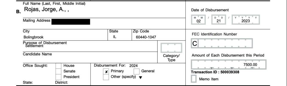 The Pelosi campaign's settlement payment to Rojas, disclosed in April's quarterly filing.
