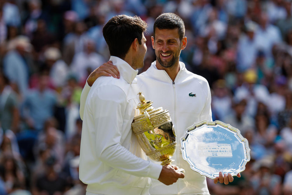 溫布頓男單決賽Novak Djokovic(圖右)不敵Carlos Alcaraz。(Photo by Frey/TPN/Getty Images)