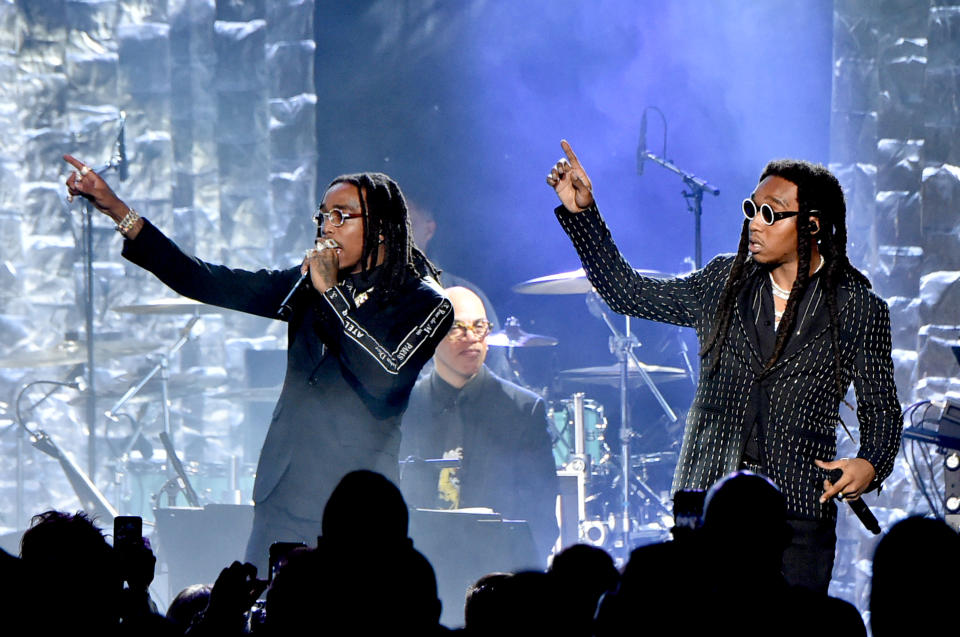 Recording artists Quavo and Takeoff of Migos performs onstage during the Clive Davis and Recording Academy Pre-GRAMMY Gala and GRAMMY Salute to Industry Icons Honoring Jay-Z on January 27, 2018 in New York City.