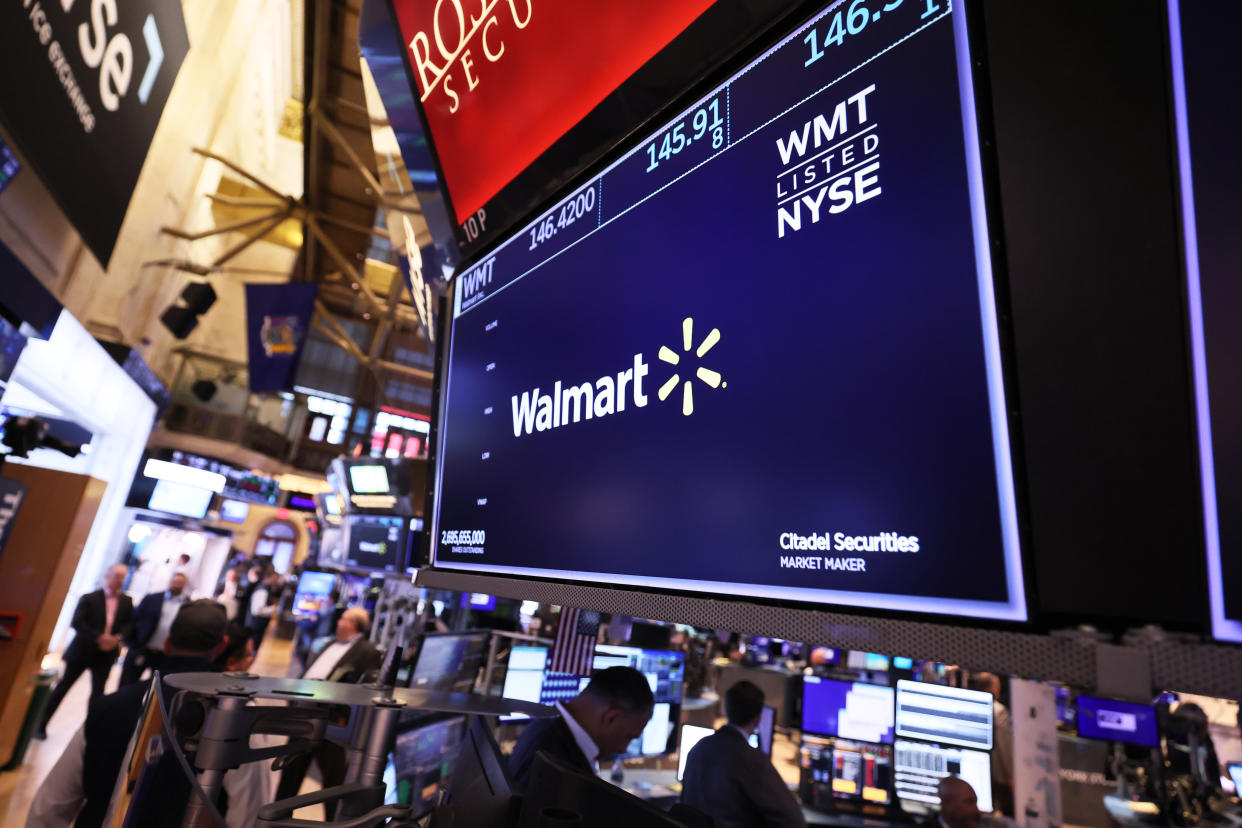 NEW YORK, NEW YORK - MAY 30: The Walmart company logo is displayed as traders work on the floor of the New York Stock Exchange during morning trading on May 30, 2023 in New York City. The stock market opened slightly high amid the Biden administration and Republican lawmakers reaching an tentative deal on raising the U.S. debt ceiling in order to avoid a default with Congress prepared to vote on the legislation as early as Wednesday. (Photo by Michael M. Santiago/Getty Images)