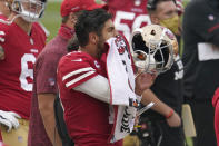 San Francisco 49ers quarterback Jimmy Garoppolo reacts on the sideline during the second half of an NFL football game against the Arizona Cardinals in Santa Clara, Calif., Sunday, Sept. 13, 2020. (AP Photo/Tony Avelar)