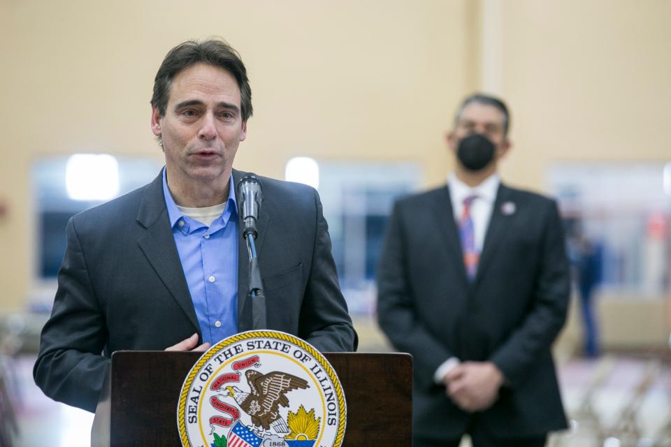 State Sen. Steve Stadelman speaks during a news conference at Auburn High School on Friday, Feb. 5, 2021, in Rockford, to showcase the COVID-19 vaccination site there and other vaccination efforts statewide.