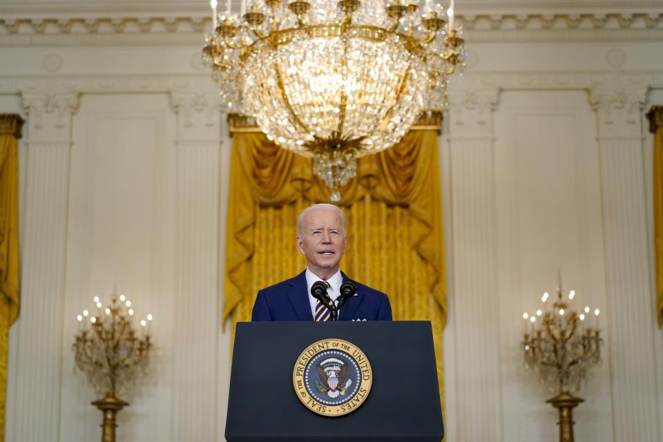 President Joe Biden speaks during a news conference in the East Room of the White House Wednesday in Washington.