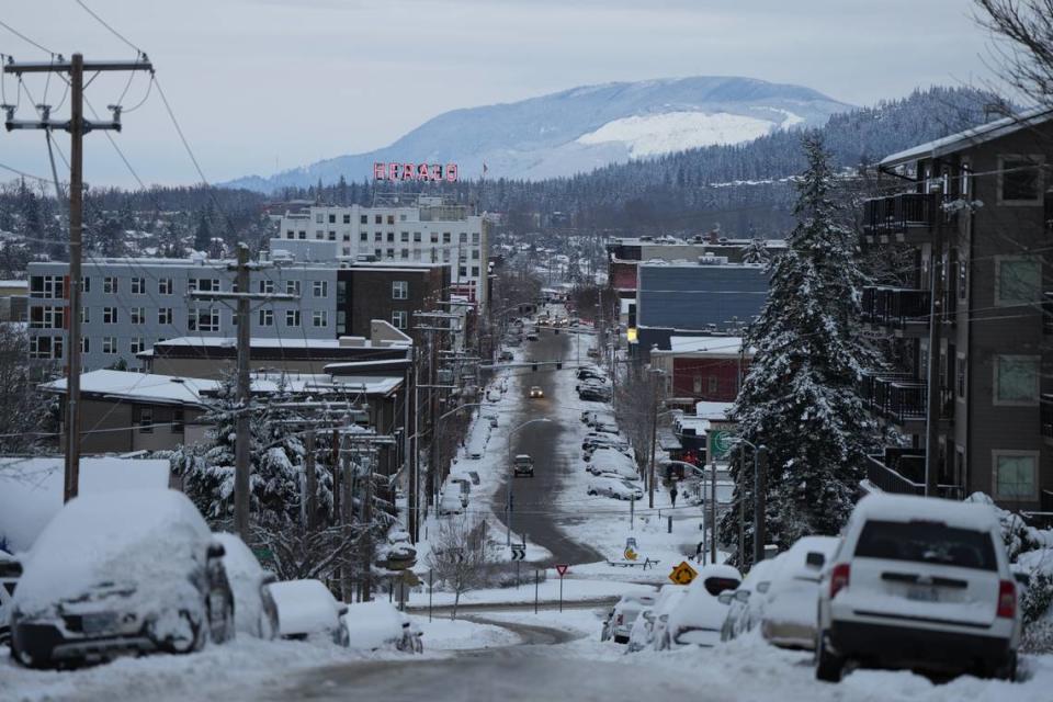 State Street downtown is cleared for traffic on Wednesday, January 17, 2024, after the season’s first major snowfall of the year in Bellingham, Wash.