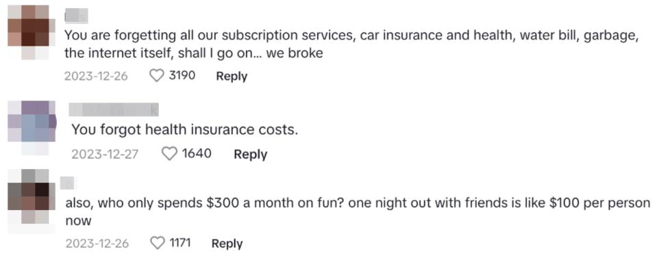 Three social media comments discussing the high cost of living and forgotten expenses, highlighting subscription services and health insurance
