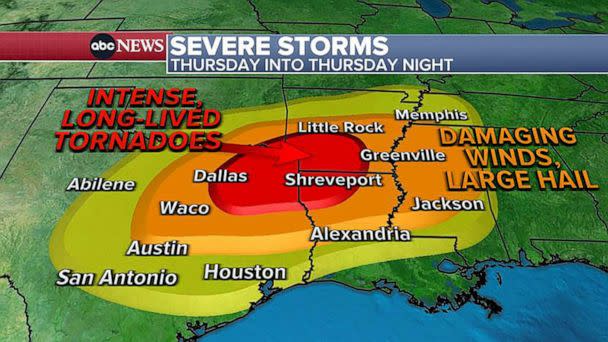 PHOTO: Thursday's forecast for severe weather outbreak (ABC News)
