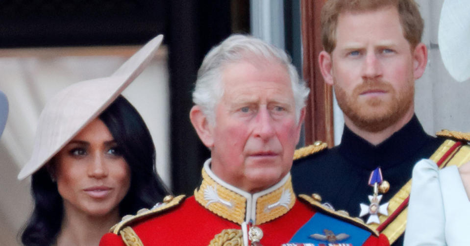 Meghan Markle, King Charles and Prince Harry on a royal balcony