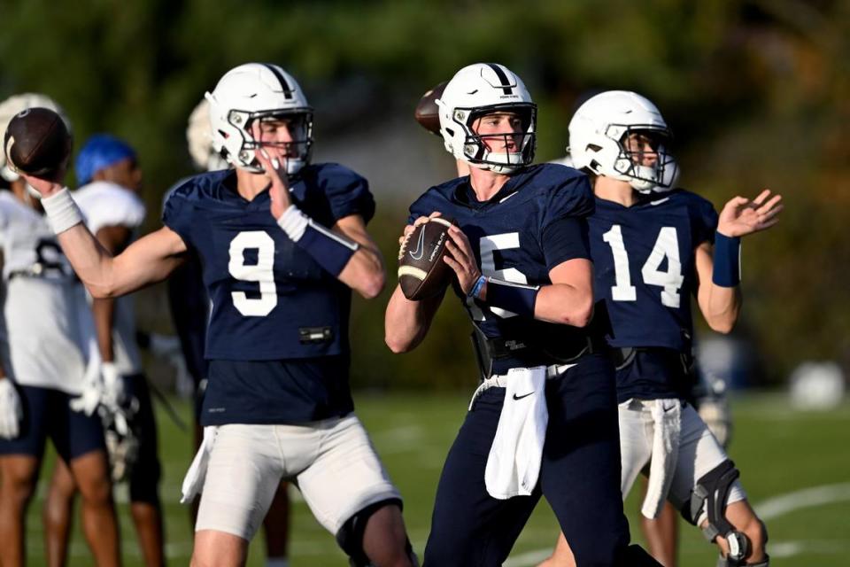 Penn State quarterback Drew Allar makes a pass during practice on Wednesday, October. 25, 2023.
